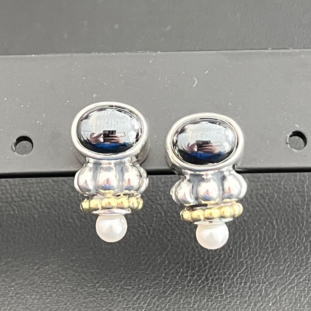 Vintage Lagos Hematite, Pearl, Sterling Silver and 18kt Yellow Gold Earrings - Picture 4 of 11